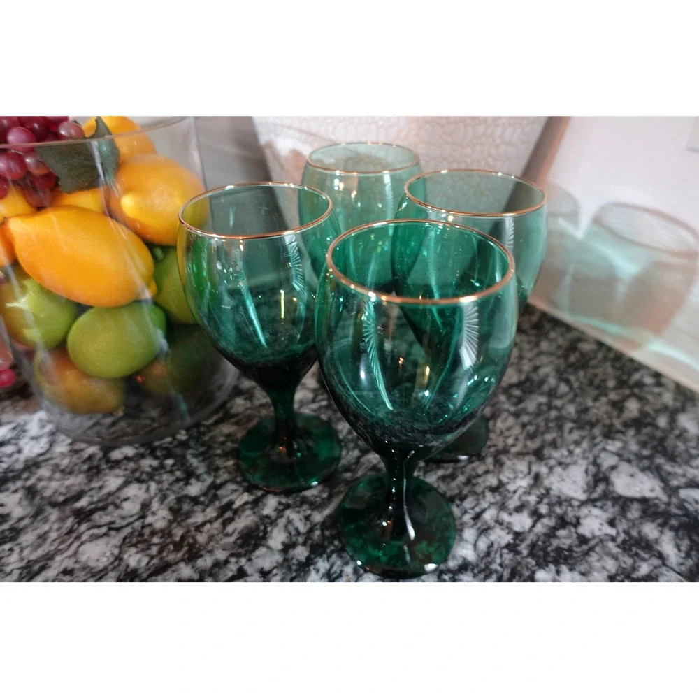 Vintage‎ Emerald Green Wine Glasses Gold Rim Stemmed Goblets Set of 4 Jewel Tone